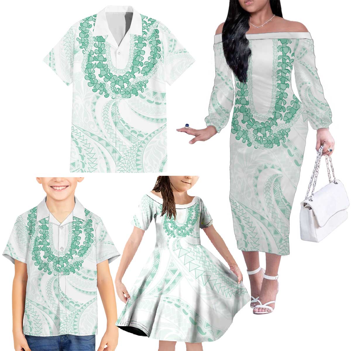 Aloha Lei Onaona Family Matching Off The Shoulder Long Sleeve Dress and Hawaiian Shirt Sage Green Hawaiian Tribal Pattern