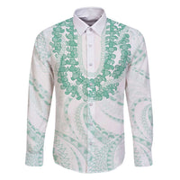 Aloha Lei Onaona Family Matching Off Shoulder Maxi Dress and Hawaiian Shirt Sage Green Hawaiian Tribal Pattern