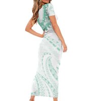 Aloha Lei Onaona Short Sleeve Bodycon Dress Sage Green Hawaiian Tribal Pattern