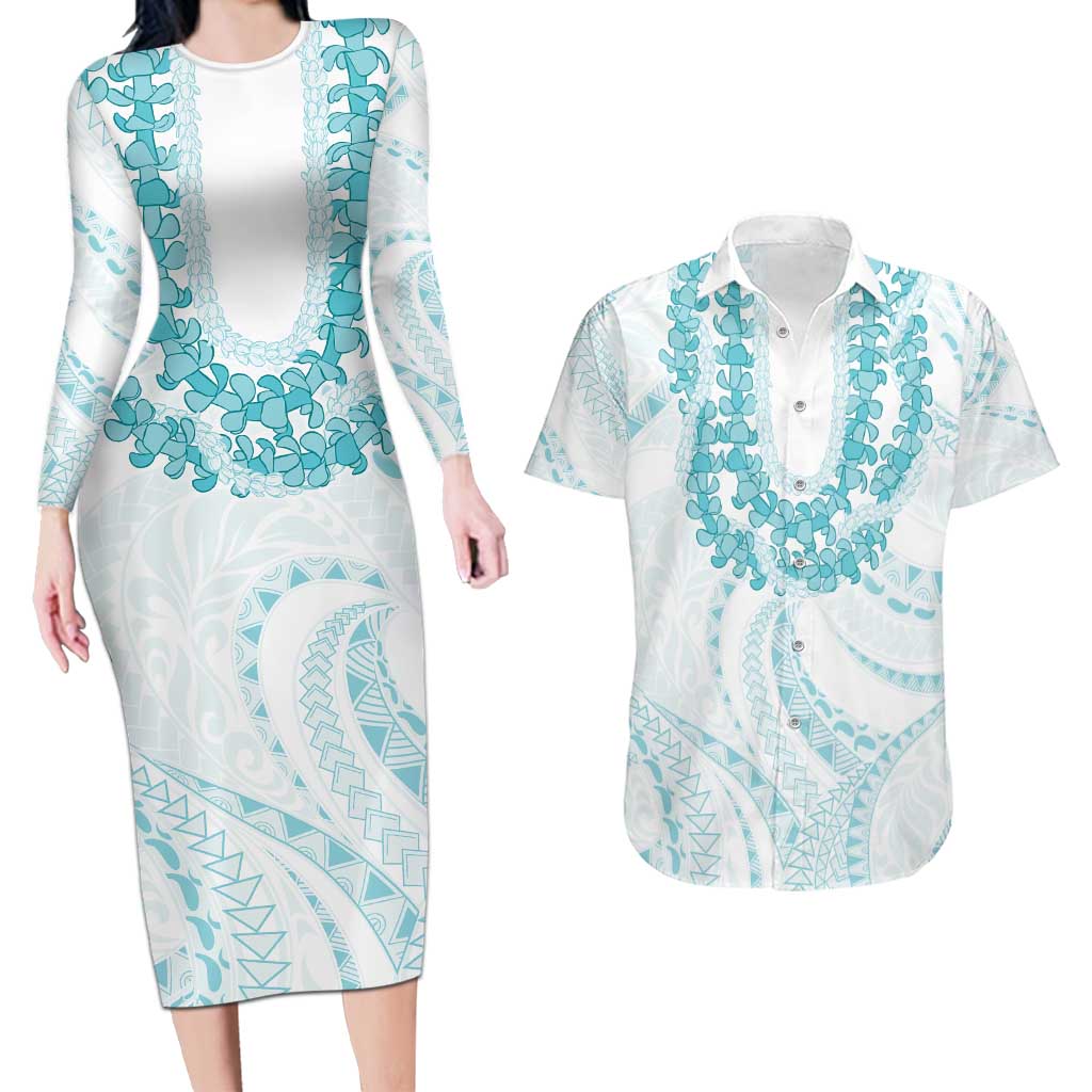 Aloha Lei Onaona Couples Matching Long Sleeve Bodycon Dress and Hawaiian Shirt Teal Hawaiian Tribal Pattern