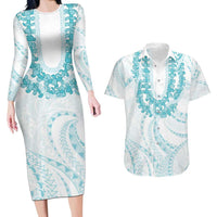 Aloha Lei Onaona Couples Matching Long Sleeve Bodycon Dress and Hawaiian Shirt Teal Hawaiian Tribal Pattern LT9 Teal - Polynesian Pride