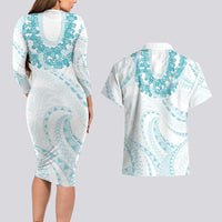 Aloha Lei Onaona Couples Matching Long Sleeve Bodycon Dress and Hawaiian Shirt Teal Hawaiian Tribal Pattern LT9 - Polynesian Pride
