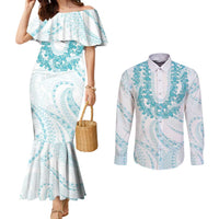 Aloha Lei Onaona Couples Matching Mermaid Dress and Long Sleeve Button Shirt Teal Hawaiian Tribal Pattern LT9 Teal - Polynesian Pride