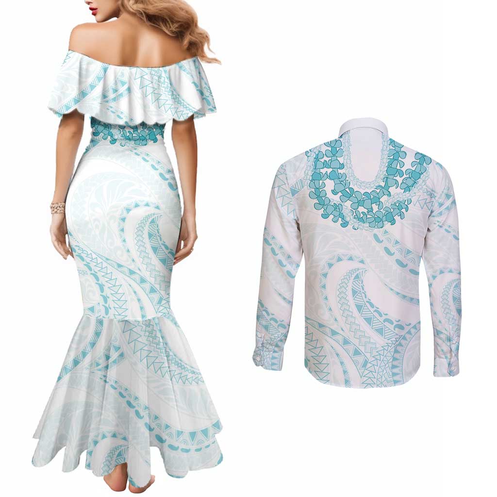 Aloha Lei Onaona Couples Matching Mermaid Dress and Long Sleeve Button Shirt Teal Hawaiian Tribal Pattern LT9 - Polynesian Pride