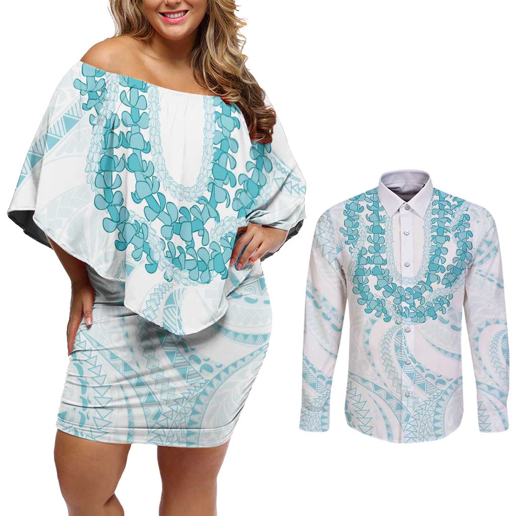 Aloha Lei Onaona Couples Matching Off Shoulder Short Dress and Long Sleeve Button Shirt Teal Hawaiian Tribal Pattern LT9 Teal - Polynesian Pride