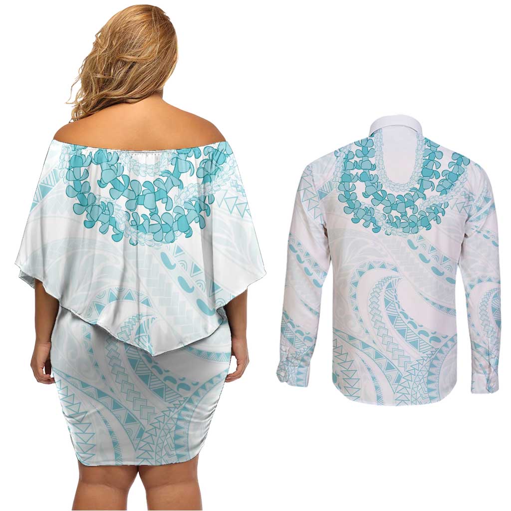 Aloha Lei Onaona Couples Matching Off Shoulder Short Dress and Long Sleeve Button Shirt Teal Hawaiian Tribal Pattern LT9 - Polynesian Pride