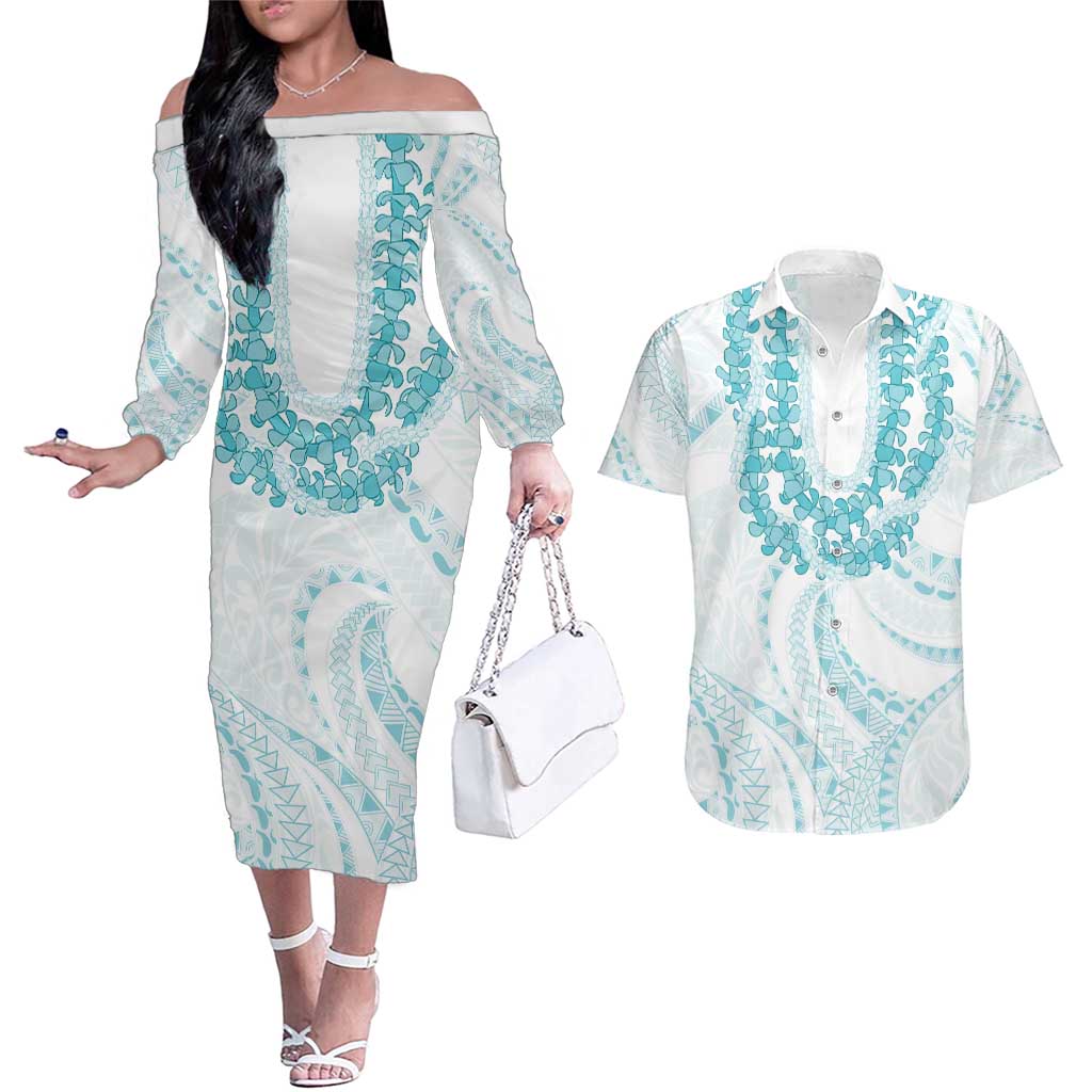 Aloha Lei Onaona Couples Matching Off The Shoulder Long Sleeve Dress and Hawaiian Shirt Teal Hawaiian Tribal Pattern