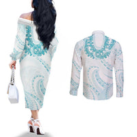 Aloha Lei Onaona Couples Matching Off The Shoulder Long Sleeve Dress and Long Sleeve Button Shirt Teal Hawaiian Tribal Pattern LT9 - Polynesian Pride