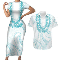 Aloha Lei Onaona Couples Matching Short Sleeve Bodycon Dress and Hawaiian Shirt Teal Hawaiian Tribal Pattern LT9 Teal - Polynesian Pride