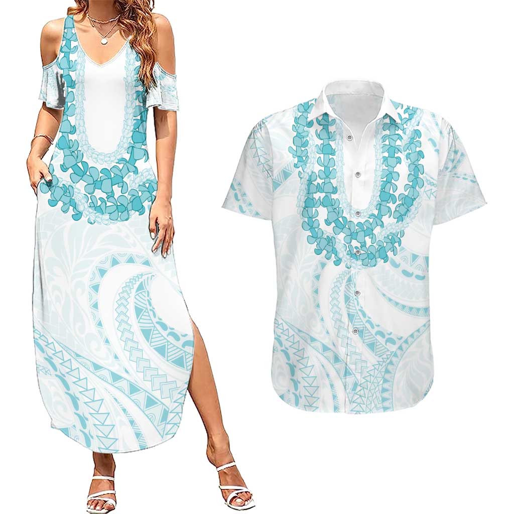Aloha Lei Onaona Couples Matching Summer Maxi Dress and Hawaiian Shirt Teal Hawaiian Tribal Pattern LT9 Teal - Polynesian Pride