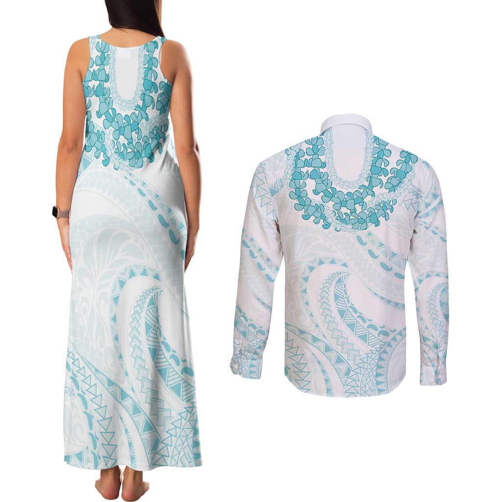 Aloha Lei Onaona Couples Matching Tank Maxi Dress and Long Sleeve Button Shirt Teal Hawaiian Tribal Pattern LT9 - Polynesian Pride
