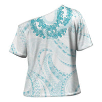 Aloha Lei Onaona Cross Shoulder Shirt Teal Hawaiian Tribal Pattern - Polynesian Pride