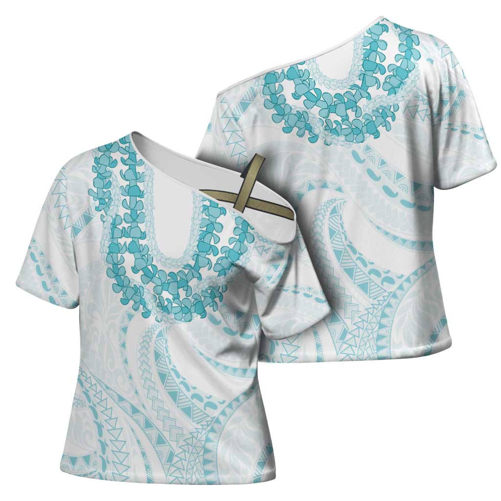 Aloha Lei Onaona Cross Shoulder Shirt Teal Hawaiian Tribal Pattern - Polynesian Pride