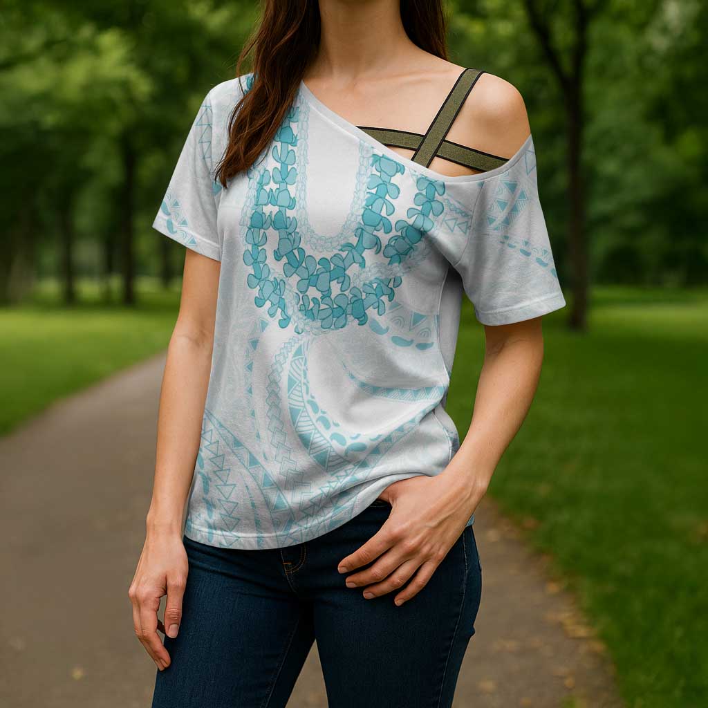Aloha Lei Onaona Cross Shoulder Shirt Teal Hawaiian Tribal Pattern - Polynesian Pride
