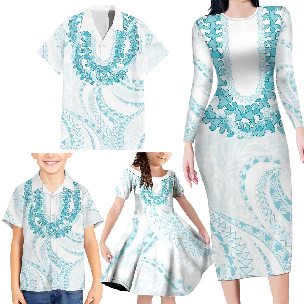 Aloha Lei Onaona Family Matching Long Sleeve Bodycon Dress and Hawaiian Shirt Teal Hawaiian Tribal Pattern LT9 - Polynesian Pride