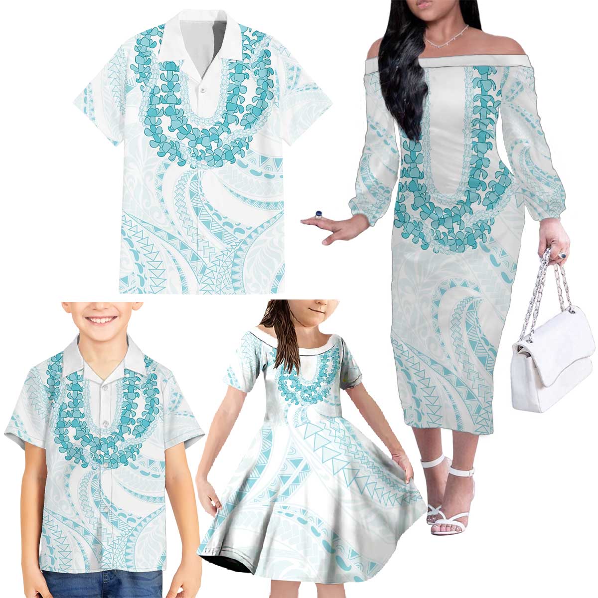 Aloha Lei Onaona Family Matching Off The Shoulder Long Sleeve Dress and Hawaiian Shirt Teal Hawaiian Tribal Pattern