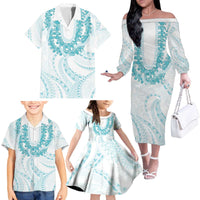 Aloha Lei Onaona Family Matching Off The Shoulder Long Sleeve Dress and Hawaiian Shirt Teal Hawaiian Tribal Pattern