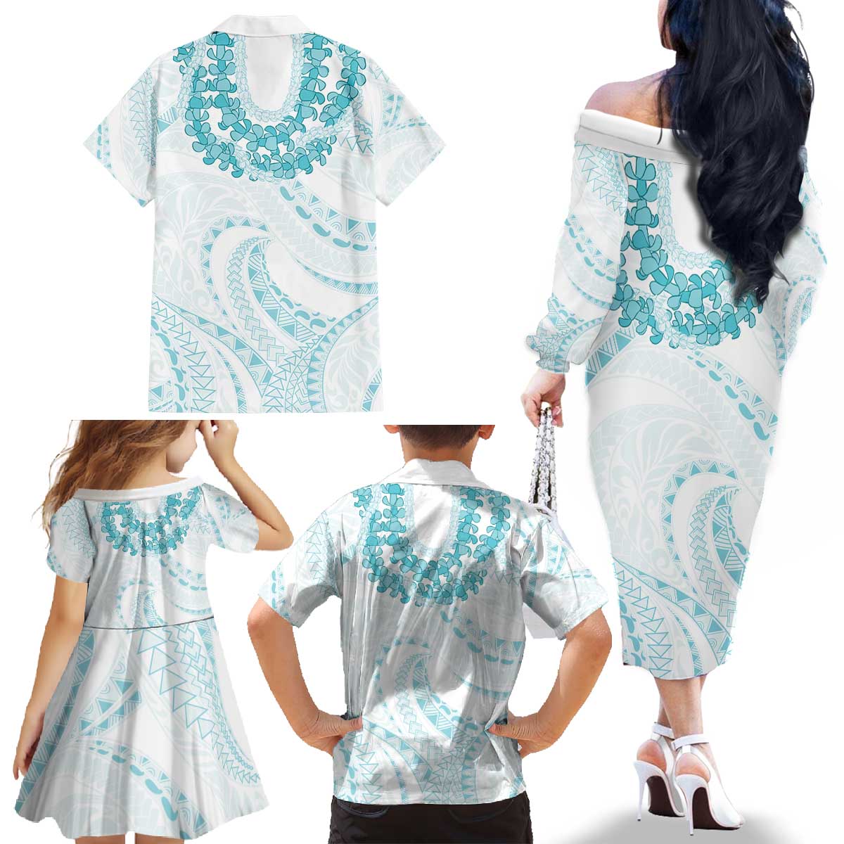Aloha Lei Onaona Family Matching Off The Shoulder Long Sleeve Dress and Hawaiian Shirt Teal Hawaiian Tribal Pattern