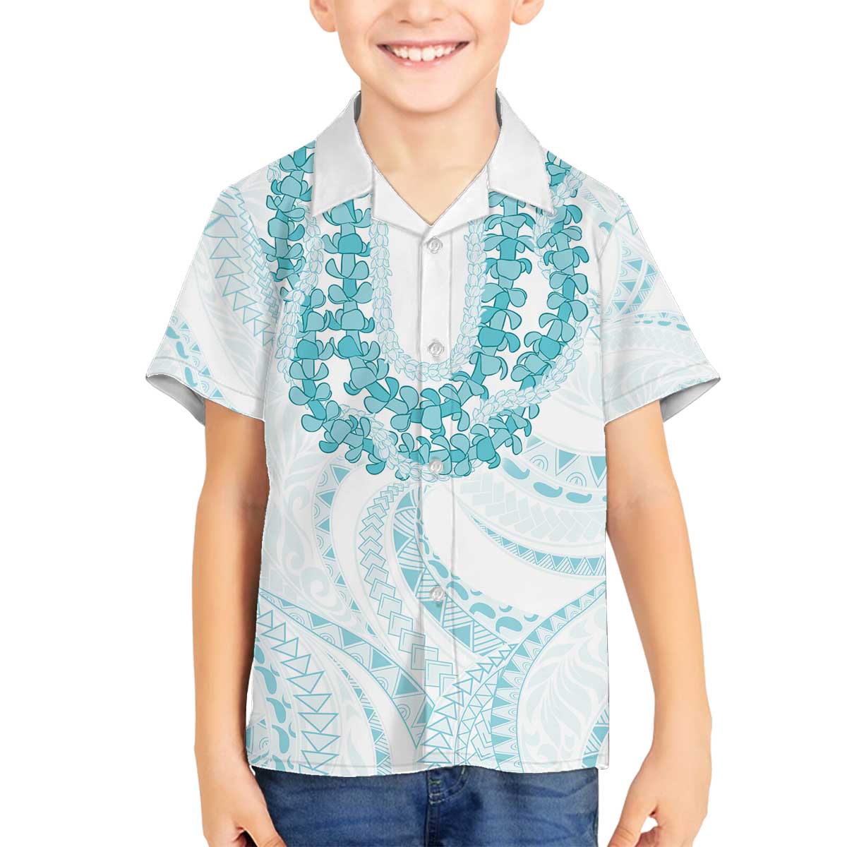 Aloha Lei Onaona Family Matching Off The Shoulder Long Sleeve Dress and Hawaiian Shirt Teal Hawaiian Tribal Pattern