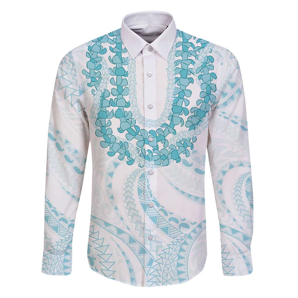 Aloha Lei Onaona Family Matching Puletasi and Hawaiian Shirt Teal Hawaiian Tribal Pattern LT9 Dad's Shirt - Long Sleeve Teal - Polynesian Pride