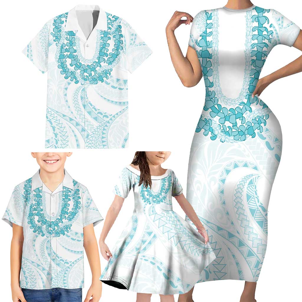 Aloha Lei Onaona Family Matching Short Sleeve Bodycon Dress and Hawaiian Shirt Teal Hawaiian Tribal Pattern LT9 - Polynesian Pride