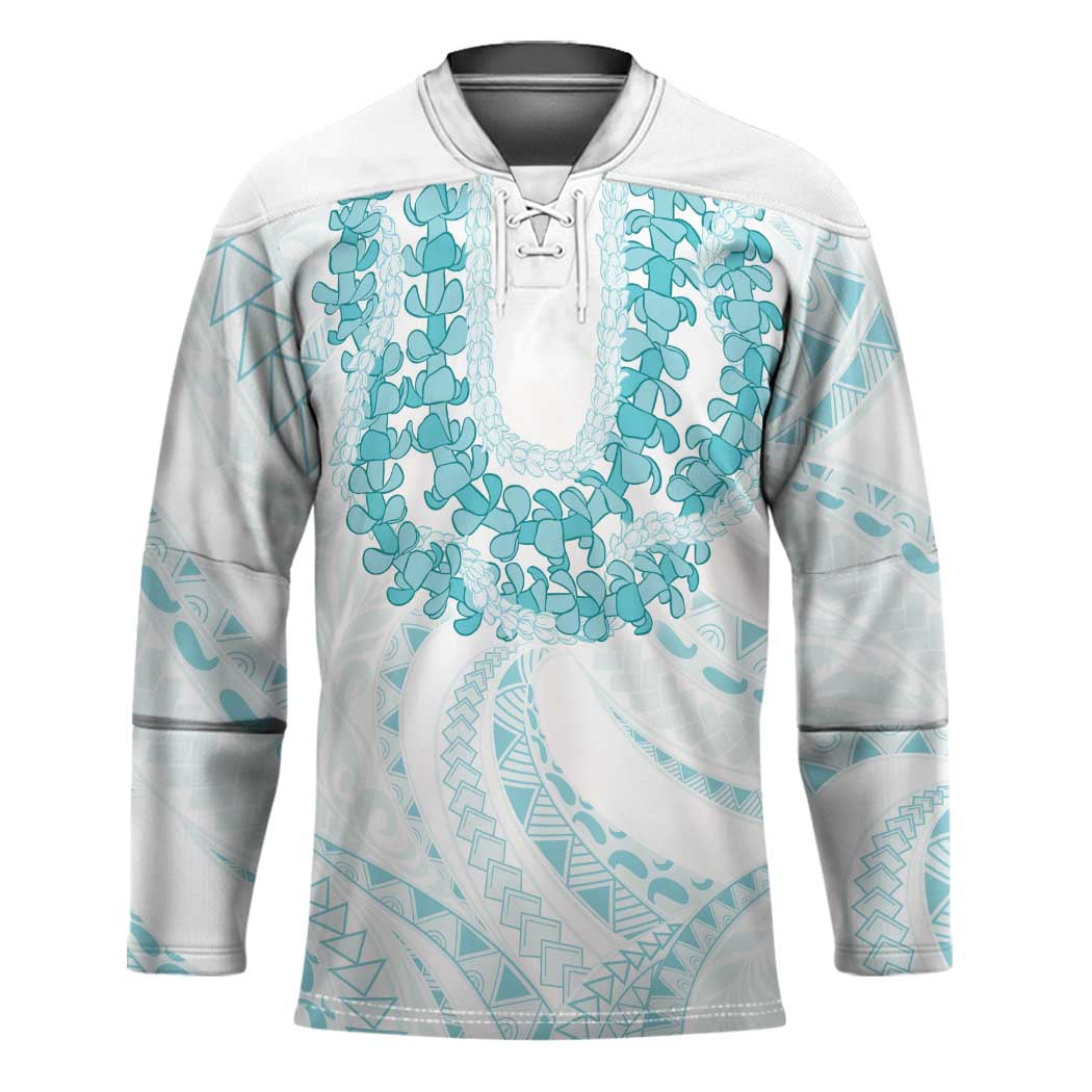 Aloha Lei Onaona Hockey Jersey Teal Hawaiian Tribal Pattern - Polynesian Pride