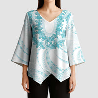 Aloha Lei Onaona Kimono Sleeve Blouse Teal Hawaiian Tribal Pattern - Polynesian Pride