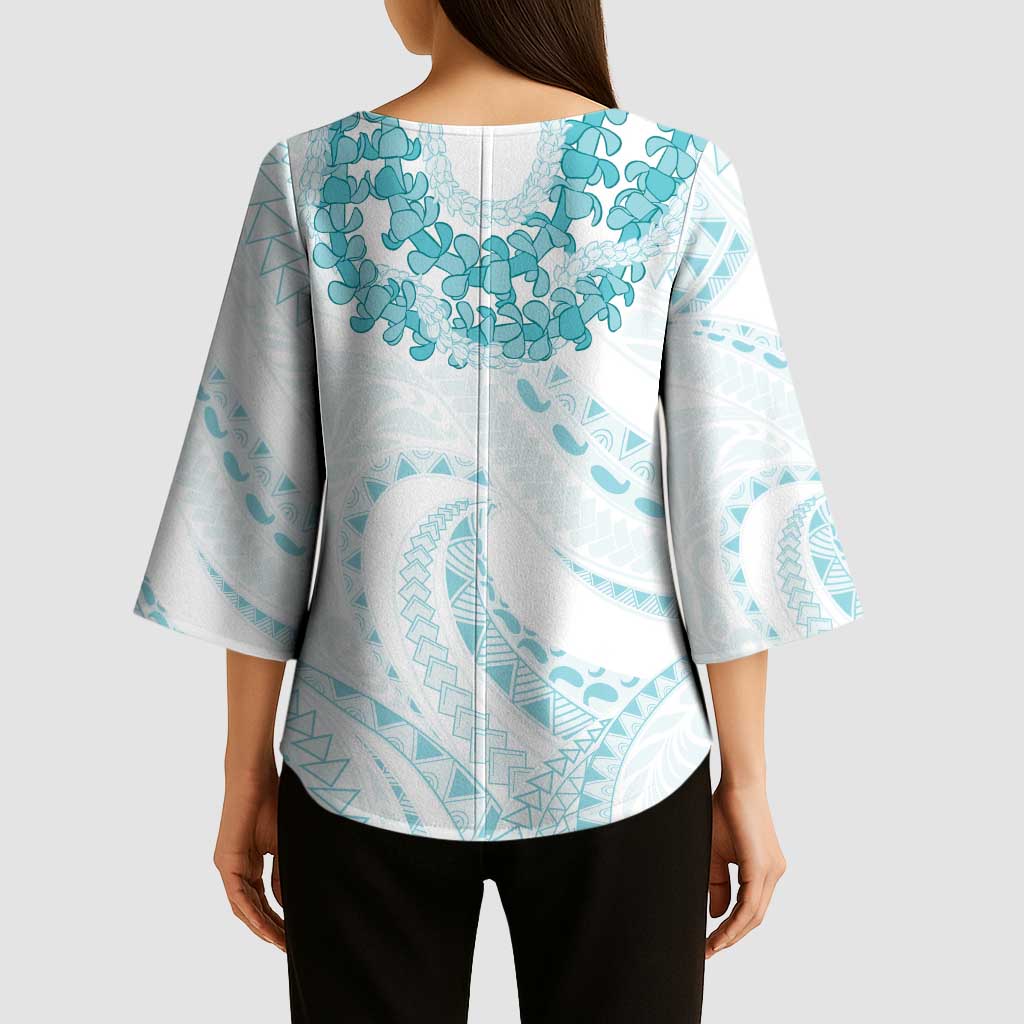 Aloha Lei Onaona Kimono Sleeve Blouse Teal Hawaiian Tribal Pattern - Polynesian Pride