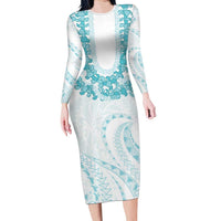 Aloha Lei Onaona Long Sleeve Bodycon Dress Teal Hawaiian Tribal Pattern
