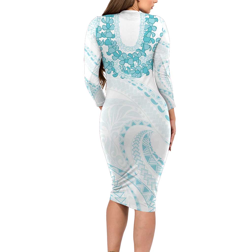 Aloha Lei Onaona Long Sleeve Bodycon Dress Teal Hawaiian Tribal Pattern