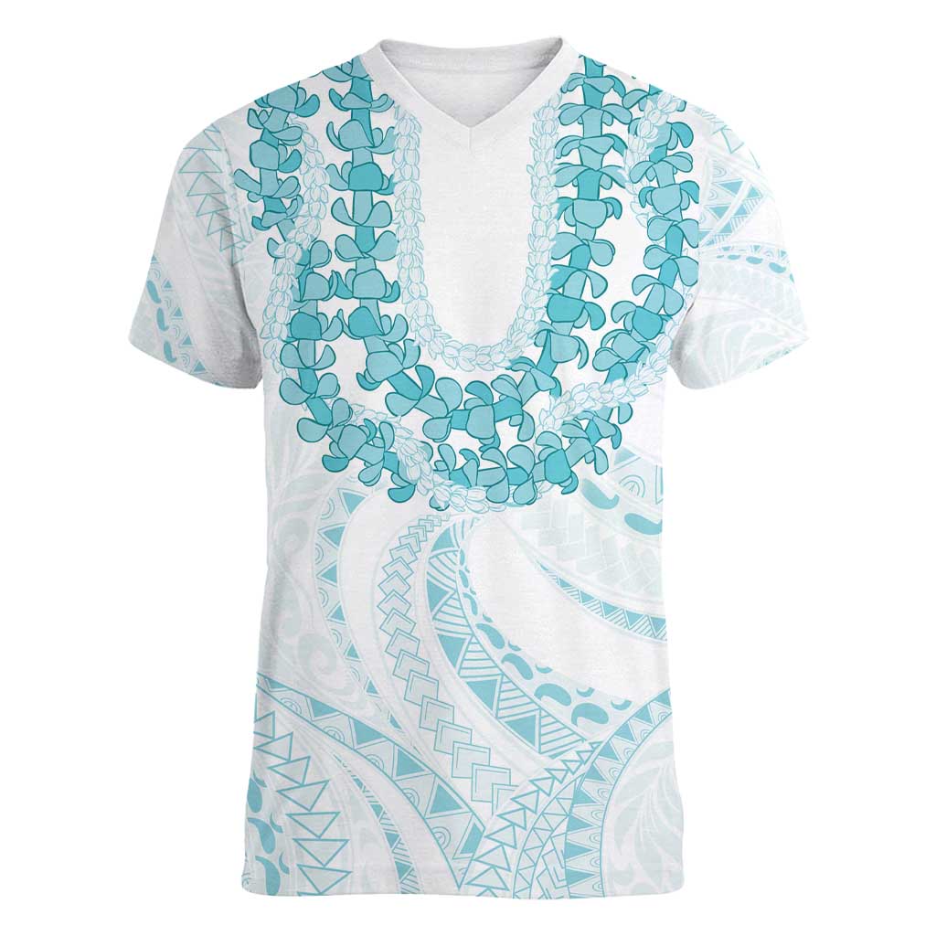 Aloha Lei Onaona Women V-Neck T-Shirt Teal Hawaiian Tribal Pattern