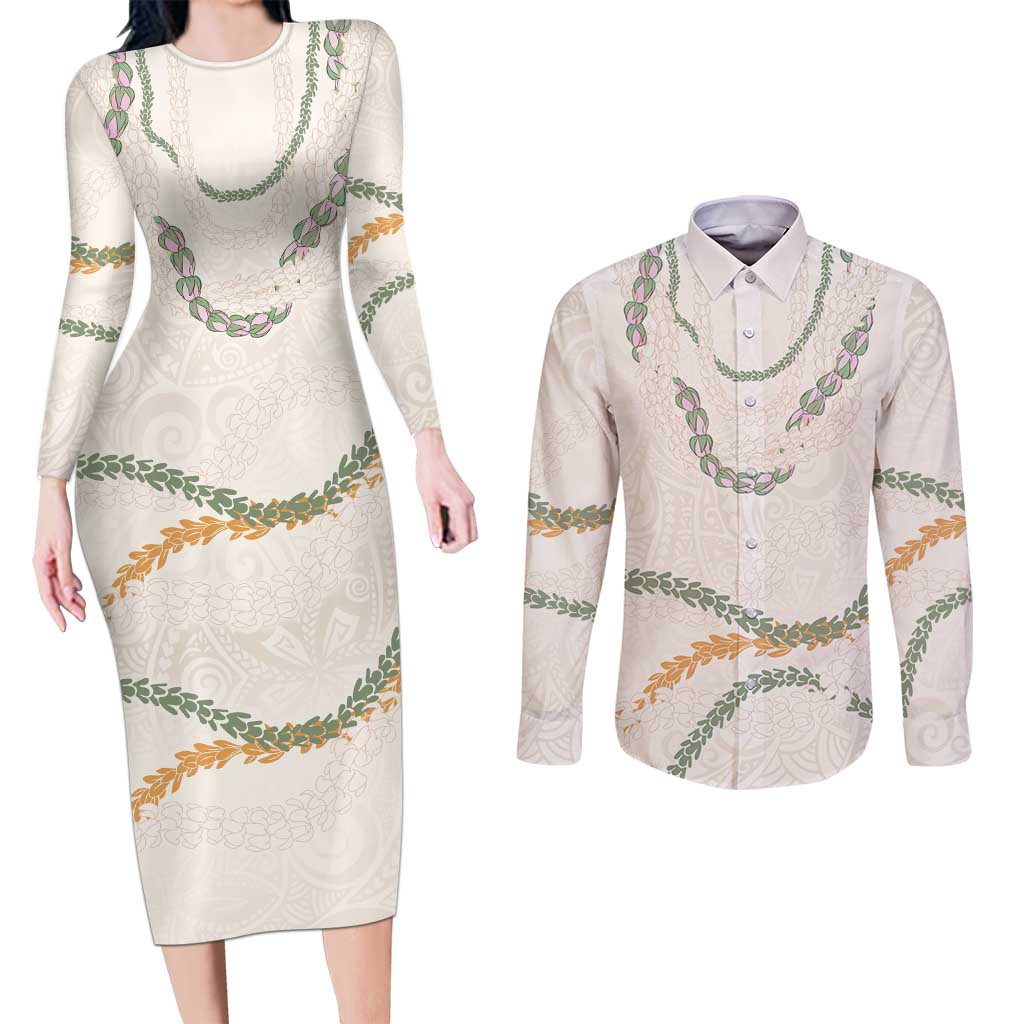 Aloha Lei Mikioi Couples Matching Long Sleeve Bodycon Dress and Long Sleeve Button Shirt Beige Polynesian Tribal Tatau Pattern LT9 Beige - Polynesian Pride