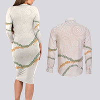 Aloha Lei Mikioi Couples Matching Long Sleeve Bodycon Dress and Long Sleeve Button Shirt Beige Polynesian Tribal Tatau Pattern LT9 - Polynesian Pride