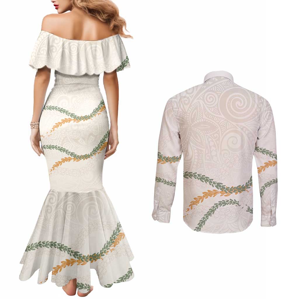 Aloha Lei Mikioi Couples Matching Mermaid Dress and Long Sleeve Button Shirt Beige Polynesian Tribal Tatau Pattern LT9 - Polynesian Pride