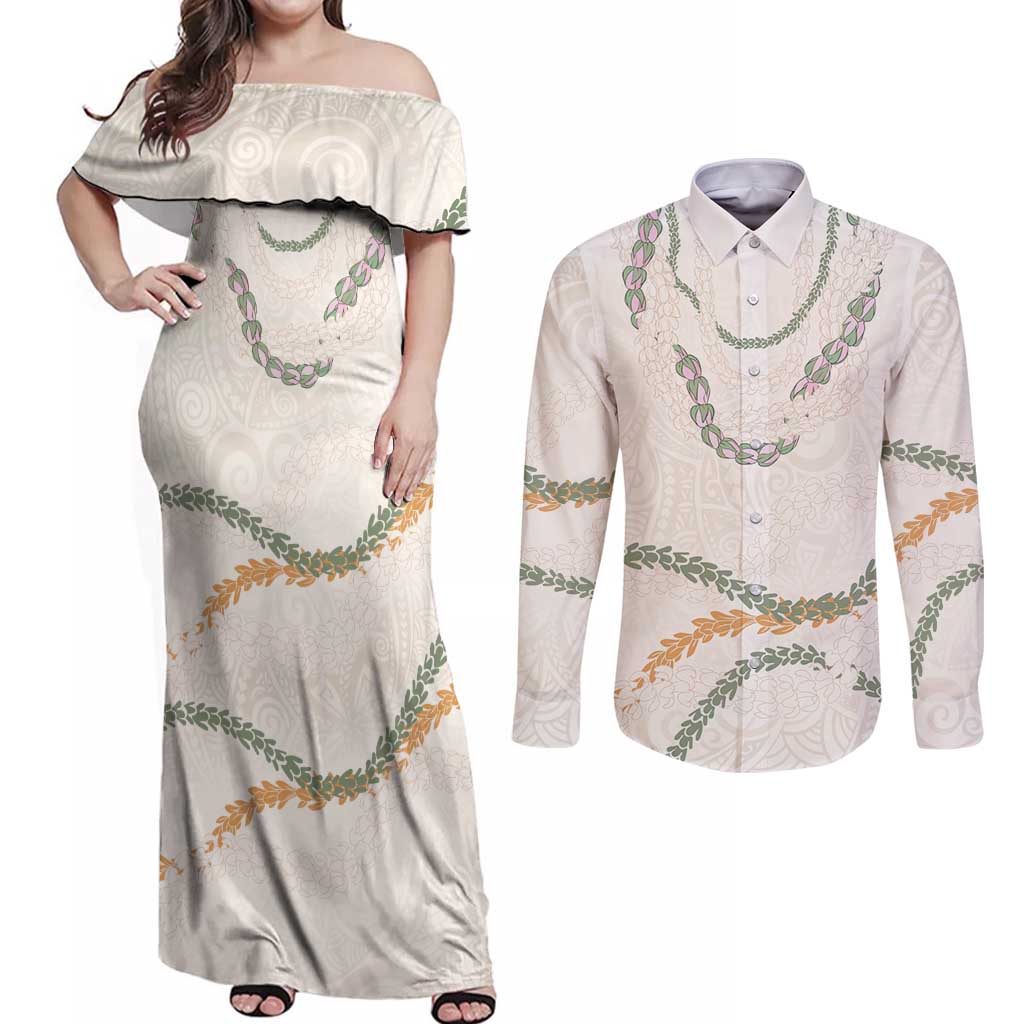 Aloha Lei Mikioi Couples Matching Off Shoulder Maxi Dress and Long Sleeve Button Shirt Beige Polynesian Tribal Tatau Pattern LT9 Beige - Polynesian Pride