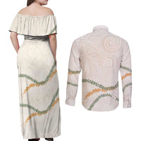 Aloha Lei Mikioi Couples Matching Off Shoulder Maxi Dress and Long Sleeve Button Shirt Beige Polynesian Tribal Tatau Pattern LT9 - Polynesian Pride