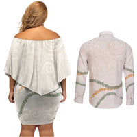 Aloha Lei Mikioi Couples Matching Off Shoulder Short Dress and Long Sleeve Button Shirt Beige Polynesian Tribal Tatau Pattern LT9 - Polynesian Pride