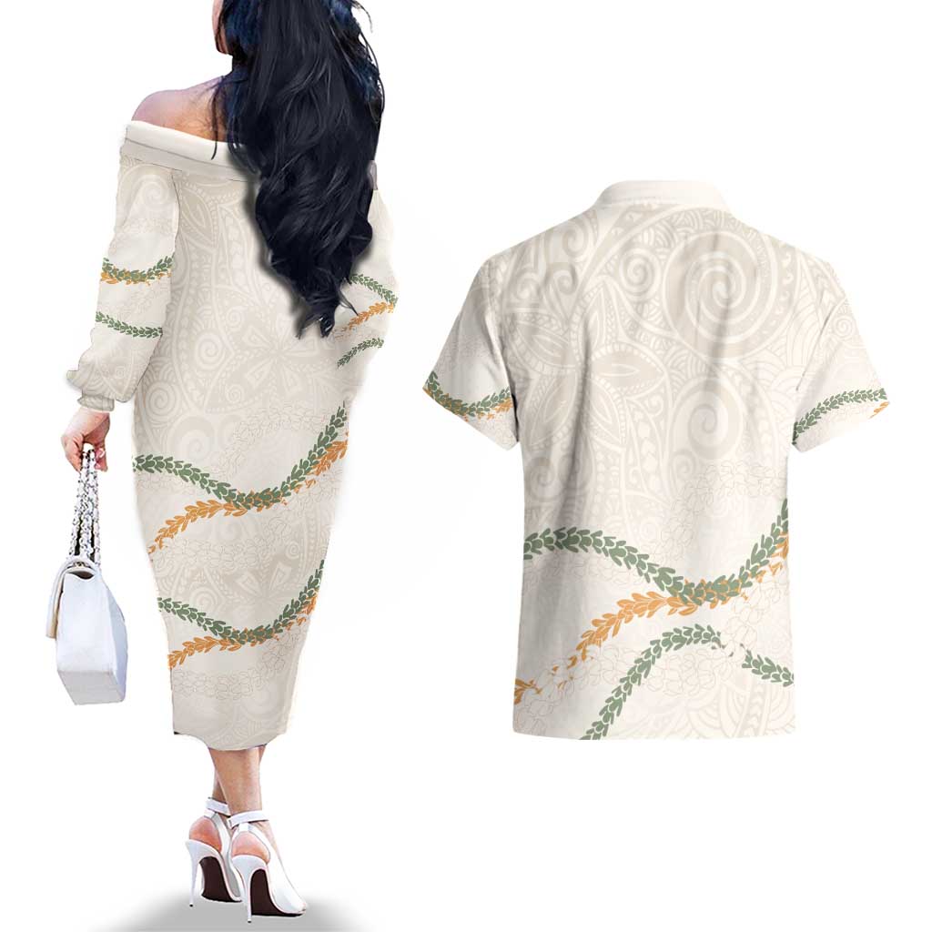 Aloha Lei Mikioi Couples Matching Off The Shoulder Long Sleeve Dress and Hawaiian Shirt Beige Polynesian Tribal Tatau Pattern