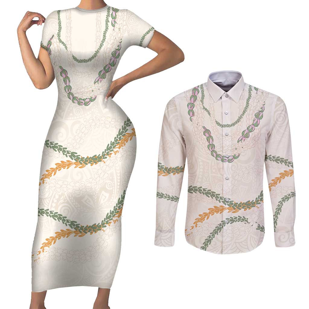 Aloha Lei Mikioi Couples Matching Short Sleeve Bodycon Dress and Long Sleeve Button Shirt Beige Polynesian Tribal Tatau Pattern LT9 Beige - Polynesian Pride
