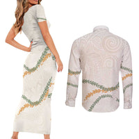 Aloha Lei Mikioi Couples Matching Short Sleeve Bodycon Dress and Long Sleeve Button Shirt Beige Polynesian Tribal Tatau Pattern LT9 - Polynesian Pride