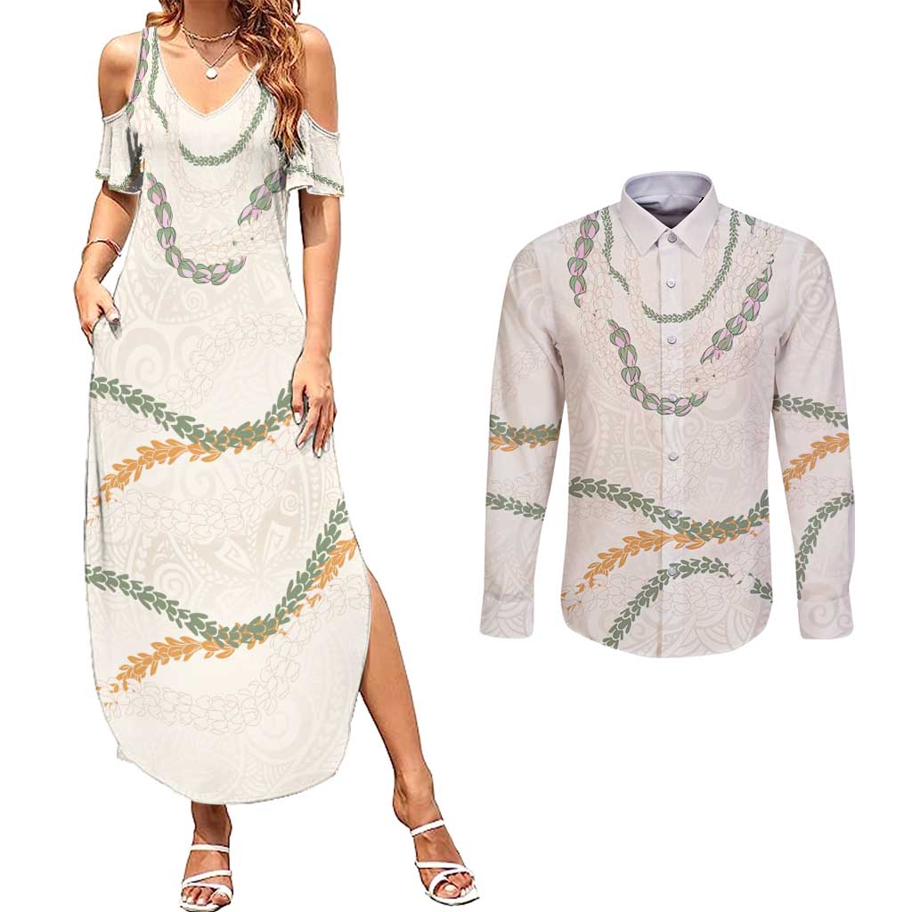Aloha Lei Mikioi Couples Matching Summer Maxi Dress and Long Sleeve Button Shirt Beige Polynesian Tribal Tatau Pattern