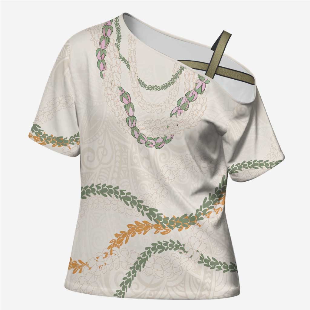 Aloha Lei Mikioi Cross Shoulder Shirt Beige Polynesian Tribal Tatau Pattern LT9 Female Beige - Polynesian Pride