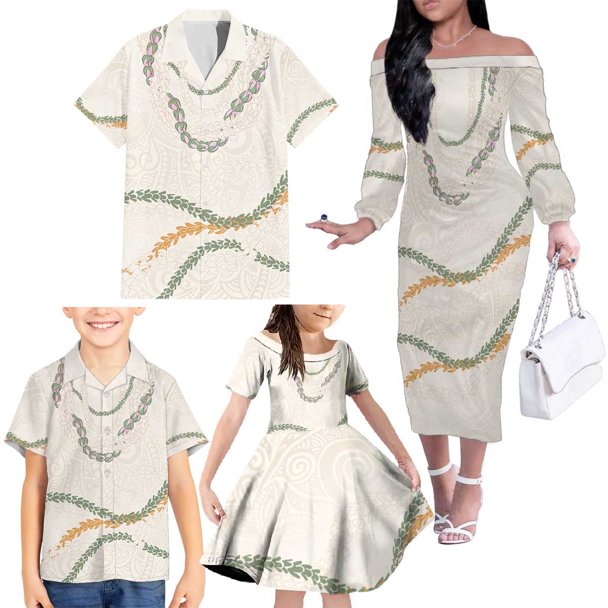 Aloha Lei Mikioi Family Matching Off The Shoulder Long Sleeve Dress and Hawaiian Shirt Beige Polynesian Tribal Tatau Pattern