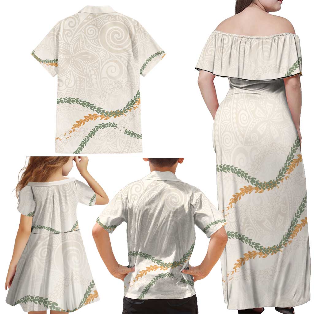 Aloha Lei Mikioi Family Matching Off Shoulder Maxi Dress and Hawaiian Shirt Beige Polynesian Tribal Tatau Pattern