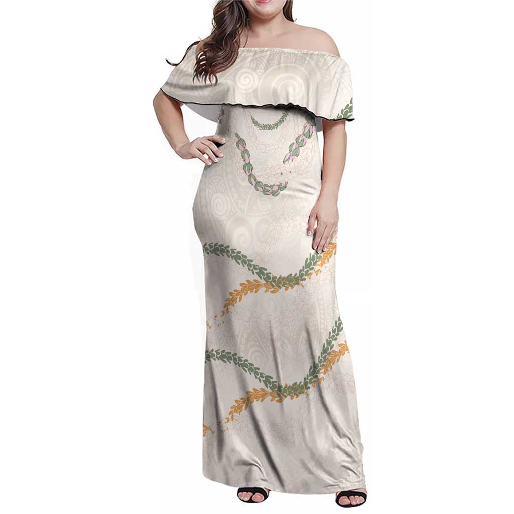 Aloha Lei Mikioi Family Matching Off Shoulder Maxi Dress and Hawaiian Shirt Beige Polynesian Tribal Tatau Pattern