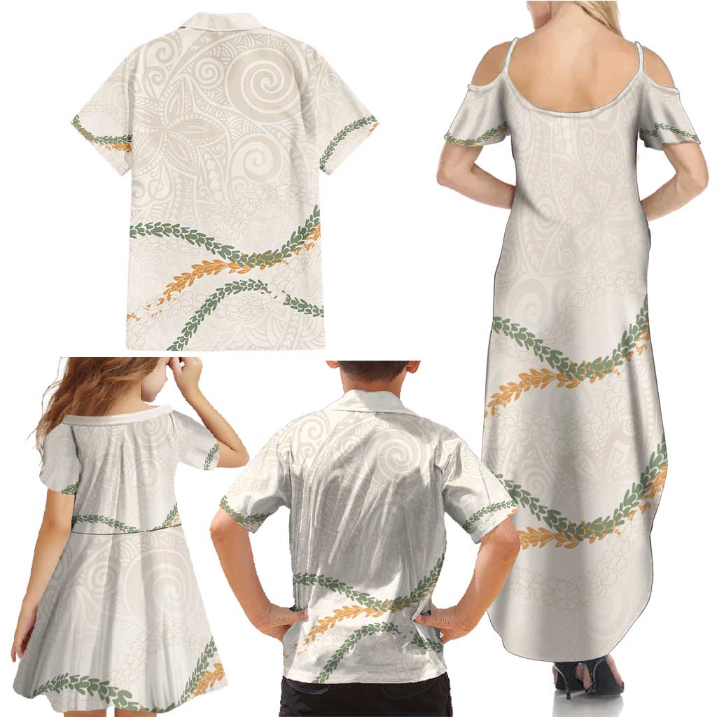 Aloha Lei Mikioi Family Matching Summer Maxi Dress and Hawaiian Shirt Beige Polynesian Tribal Tatau Pattern