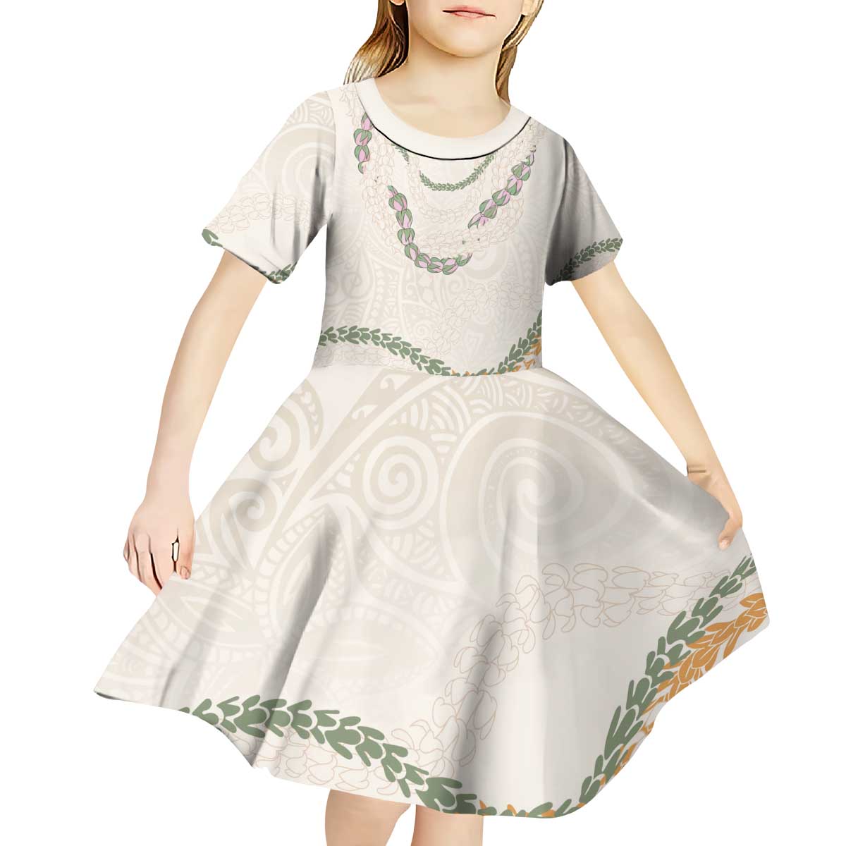 Aloha Lei Mikioi Kid Short Sleeve Dress Beige Polynesian Tribal Tatau Pattern