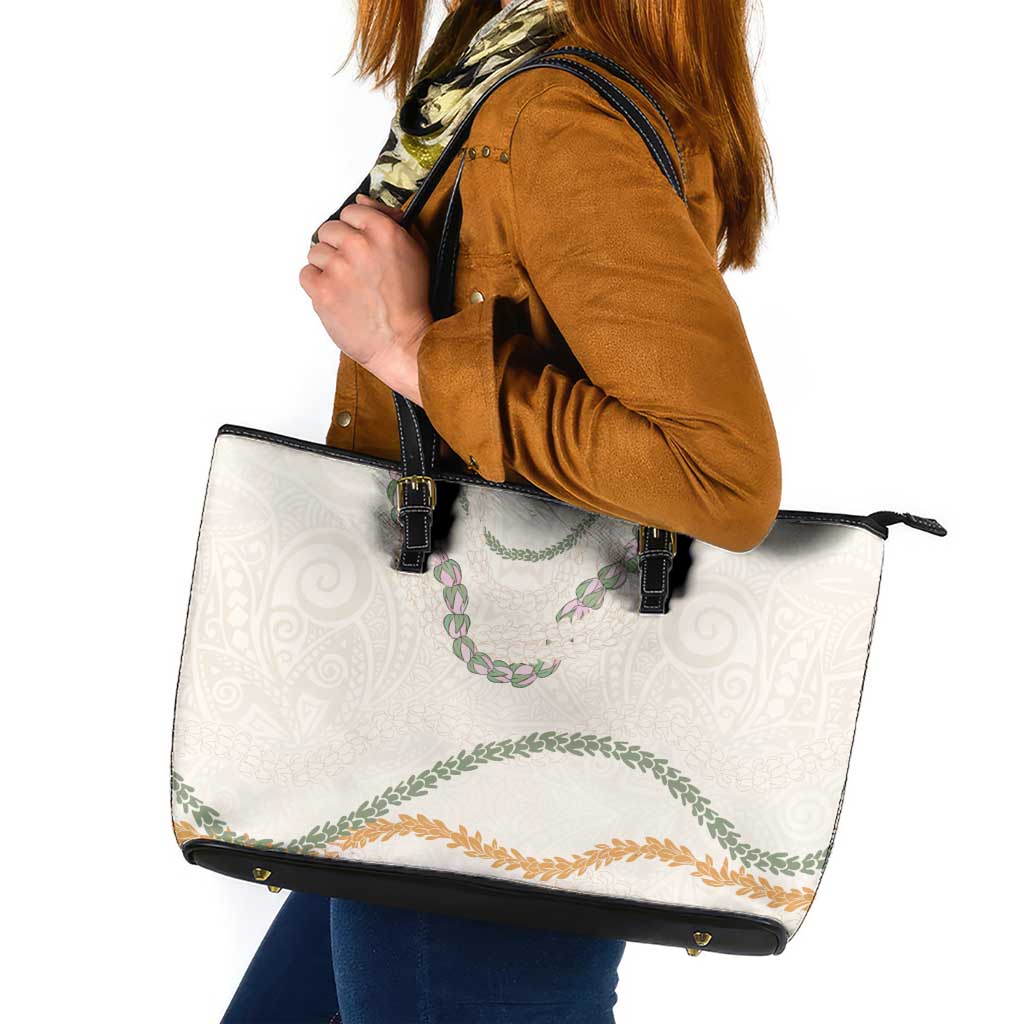 Aloha Lei Mikioi Leather Tote Bag Beige Polynesian Tribal Tatau Pattern LT9 Beige - Polynesian Pride