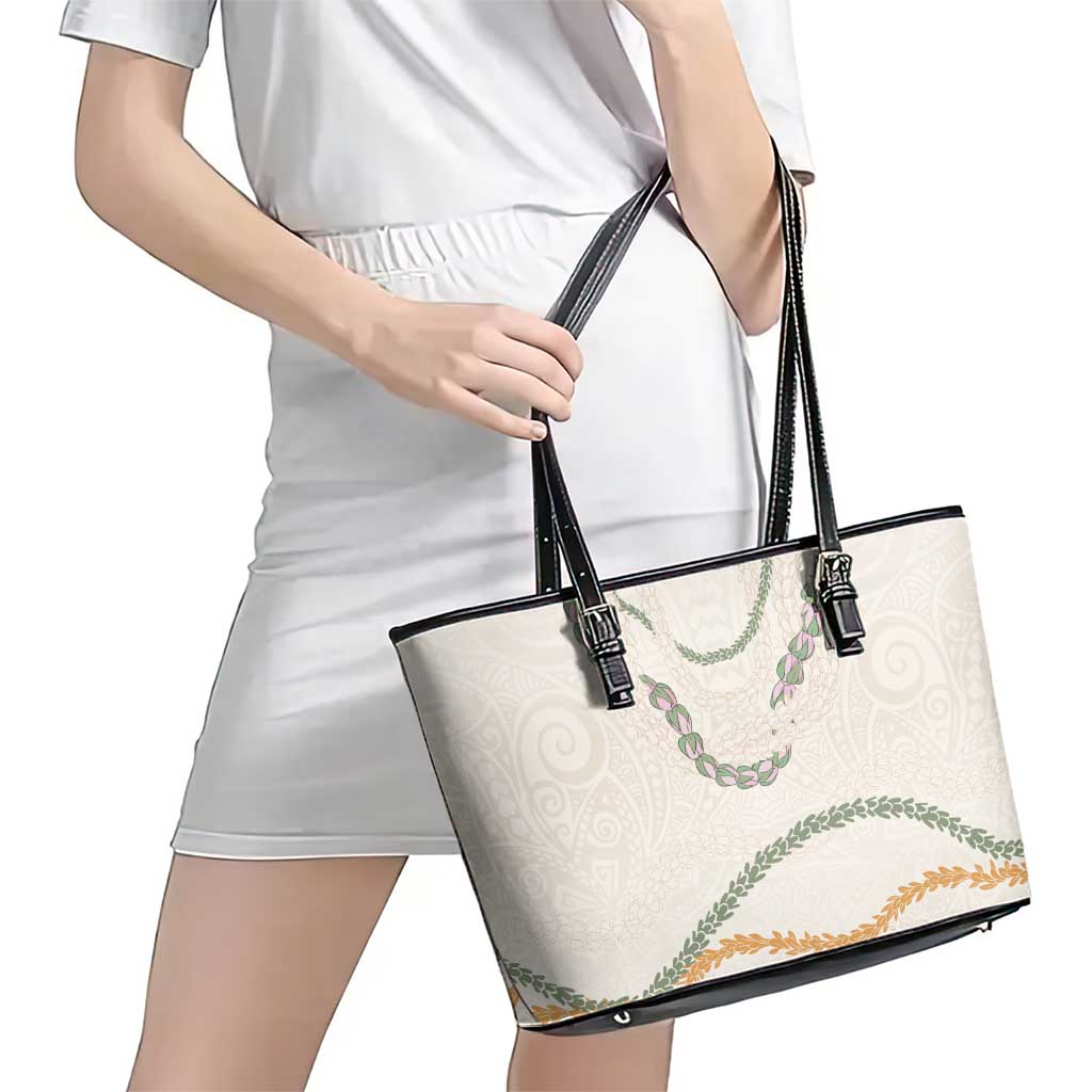 Aloha Lei Mikioi Leather Tote Bag Beige Polynesian Tribal Tatau Pattern LT9 - Polynesian Pride