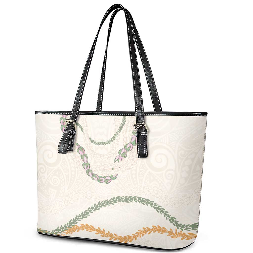 Aloha Lei Mikioi Leather Tote Bag Beige Polynesian Tribal Tatau Pattern LT9 - Polynesian Pride